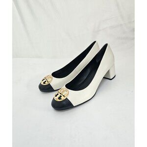 Tory Burch  Chelsea Cap-Toe Slip-On Dress Block Heel Ivory/perfect Black #7.5